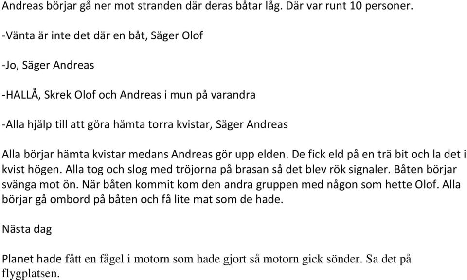 Alla börjar hämta kvistar medans Andreas gör upp elden. De fick eld på en trä bit och la det i kvist högen.