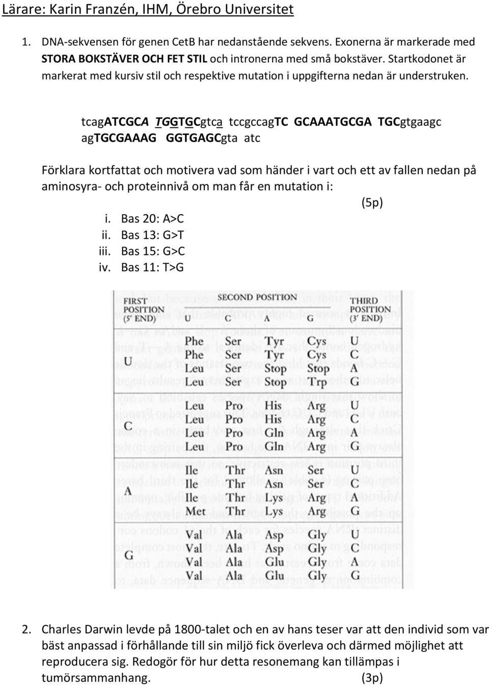 tcagatcgca TGGTGCgtca tccgccagtc GCAAATGCGA TGCgtgaagc agtgcgaaag GGTGAGCgta atc Förklara kortfattat och motivera vad som händer i vart och ett av fallen nedan på aminosyra- och proteinnivå om man