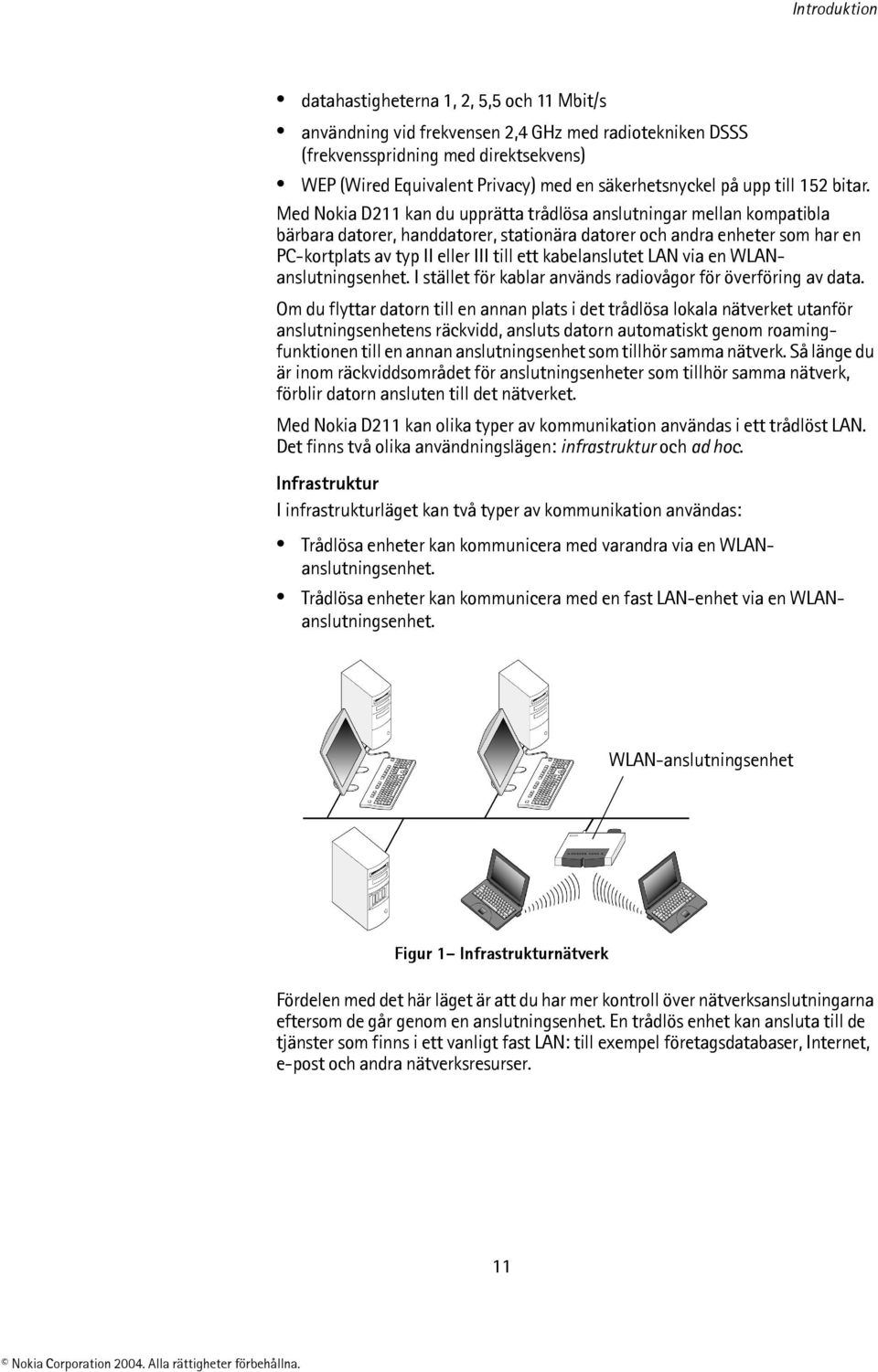 Med Nokia D211 kan du upprätta trådlösa anslutningar mellan kompatibla bärbara datorer, handdatorer, stationära datorer och andra enheter som har en PC-kortplats av typ II eller III till ett