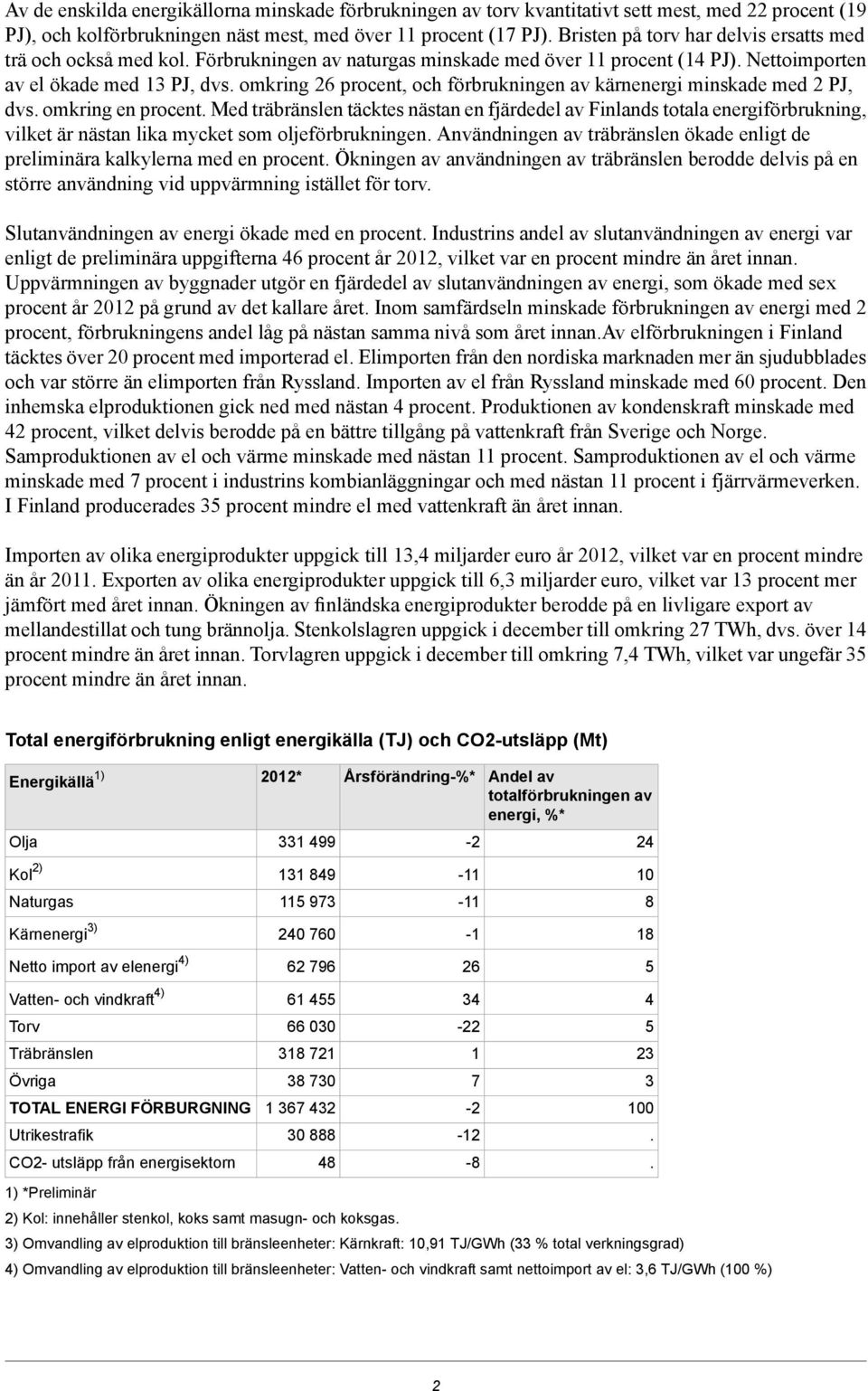 omkring 26 procent, och förbrukningen av kärnenergi minskade med 2 PJ, dvs. omkring en procent.