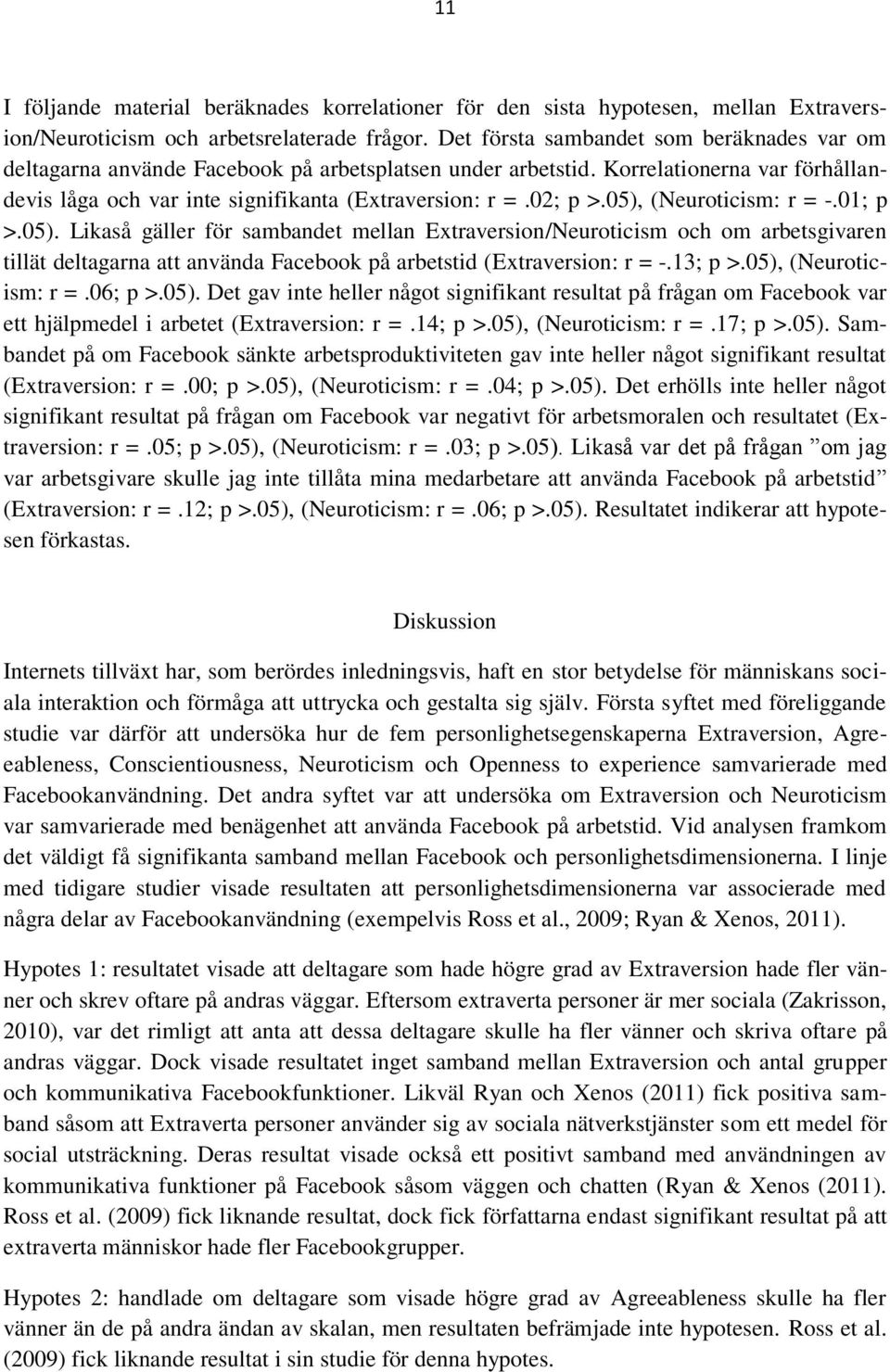 05), (Neuroticism: r = -.01; p >.05). Likaså gäller för sambandet mellan Extraversion/Neuroticism och om arbetsgivaren tillät deltagarna att använda Facebook på arbetstid (Extraversion: r = -.13; p >.