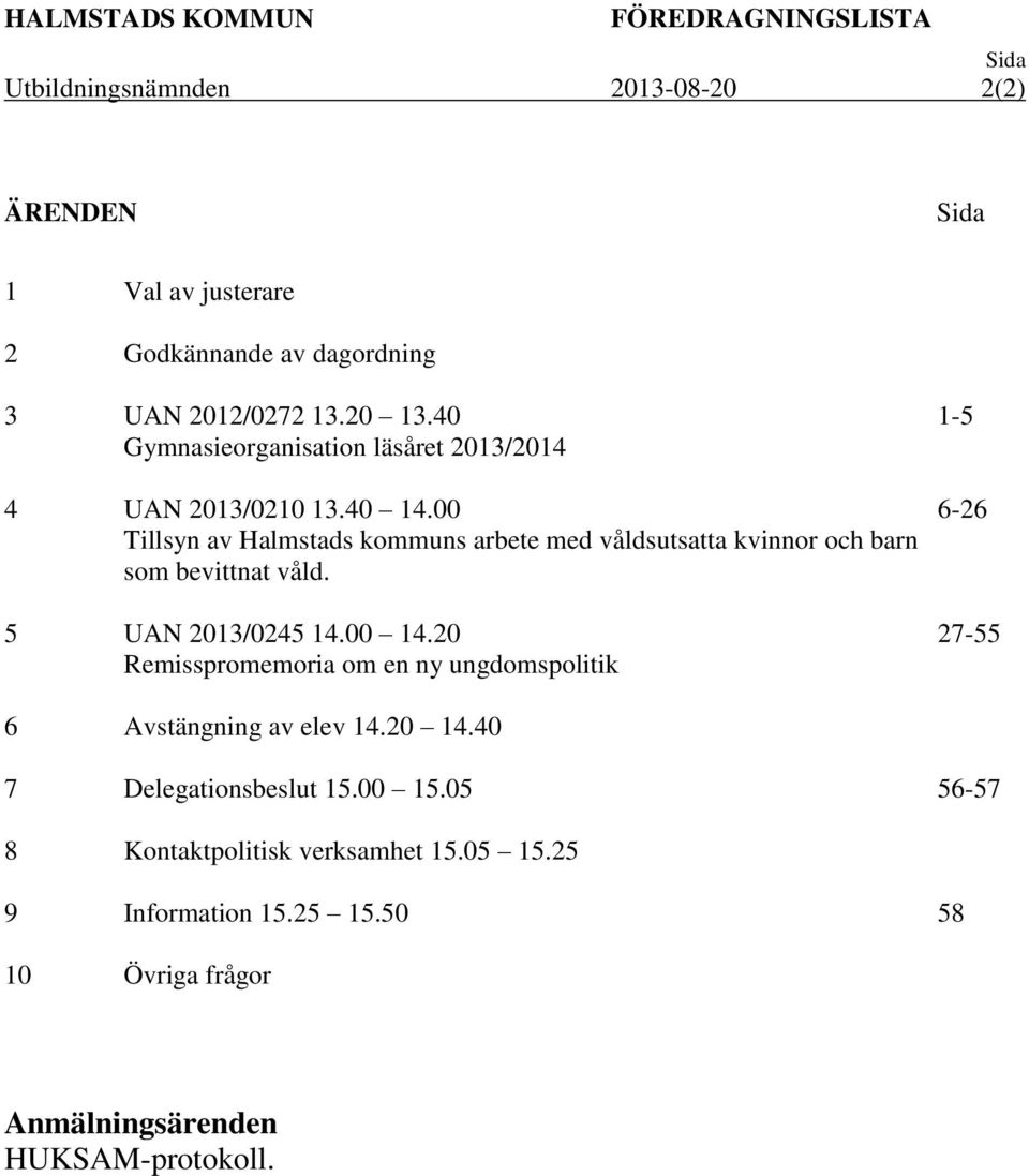 00 Tillsyn av Halmstads kommuns arbete med våldsutsatta kvinnor och barn som bevittnat våld. 5 UAN 2013/0245 14.00 14.