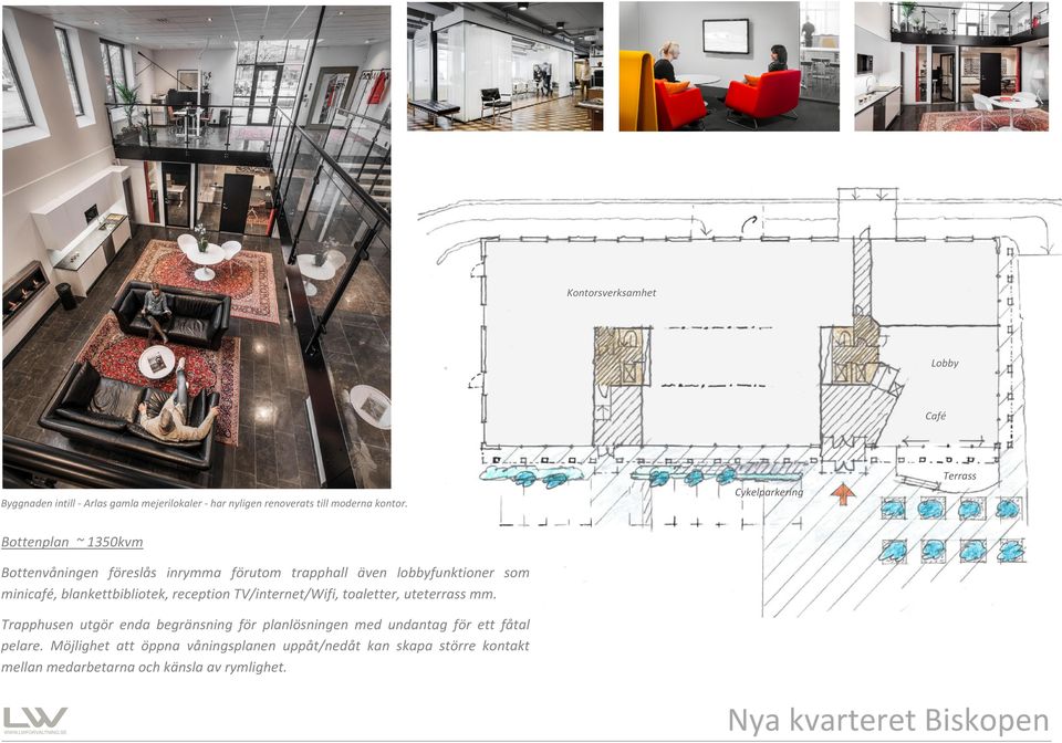 Bttenplan ~ 1350kvm Bttenvåningen föreslås inrymma förutm trapphall även lbbyfunktiner sm minicafé, blankettbiblitek, receptin