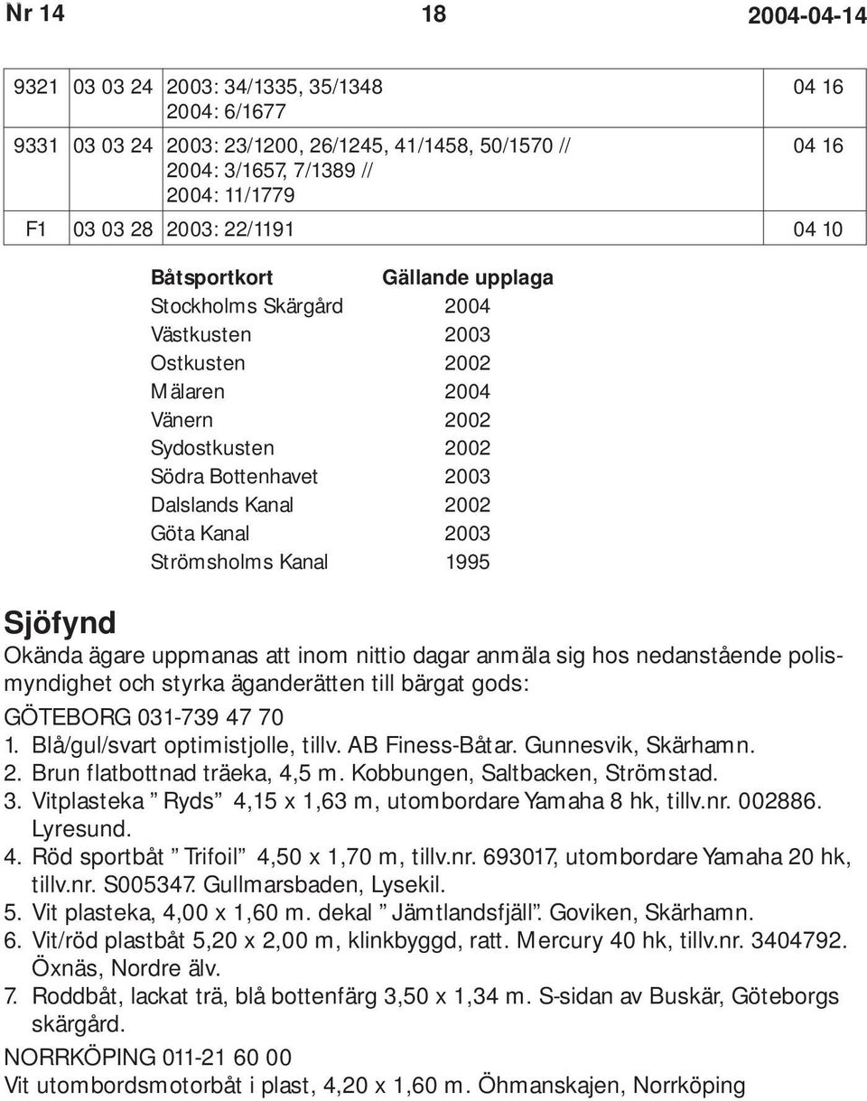 Kanal 2003 Strömsholms Kanal 1995 Sjöfynd Okända ägare uppmanas att inom nittio dagar anmäla sig hos nedanstående polismyndighet och styrka äganderätten till bärgat gods: GÖTEBORG 031-739 47 70 1.