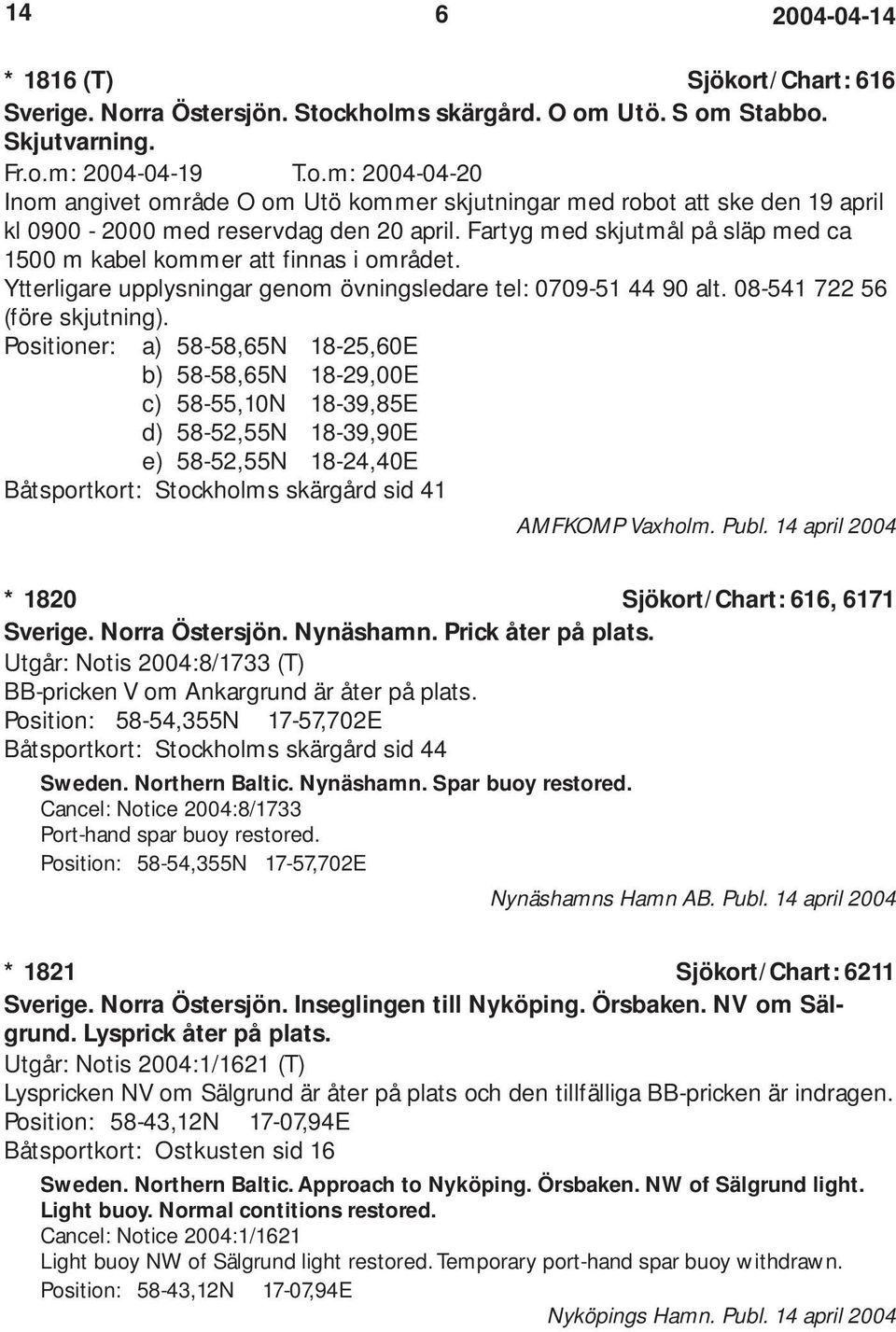 Positioner: a) 58-58,65N 18-25,60E b) 58-58,65N 18-29,00E c) 58-55,10N 18-39,85E d) 58-52,55N 18-39,90E e) 58-52,55N 18-24,40E Båtsportkort: Stockholms skärgård sid 41 AMFKOMP Vaxholm. Publ.