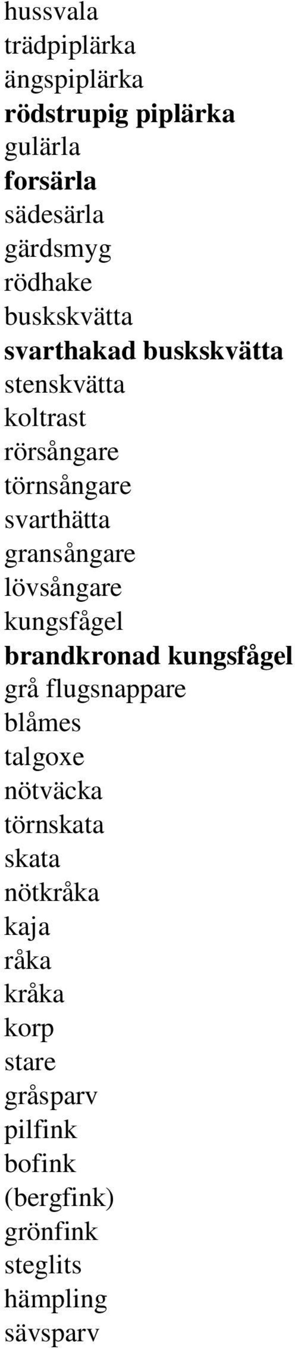 lövsångare kungsfågel brandkronad kungsfågel grå flugsnappare blåmes talgoxe nötväcka törnskata skata