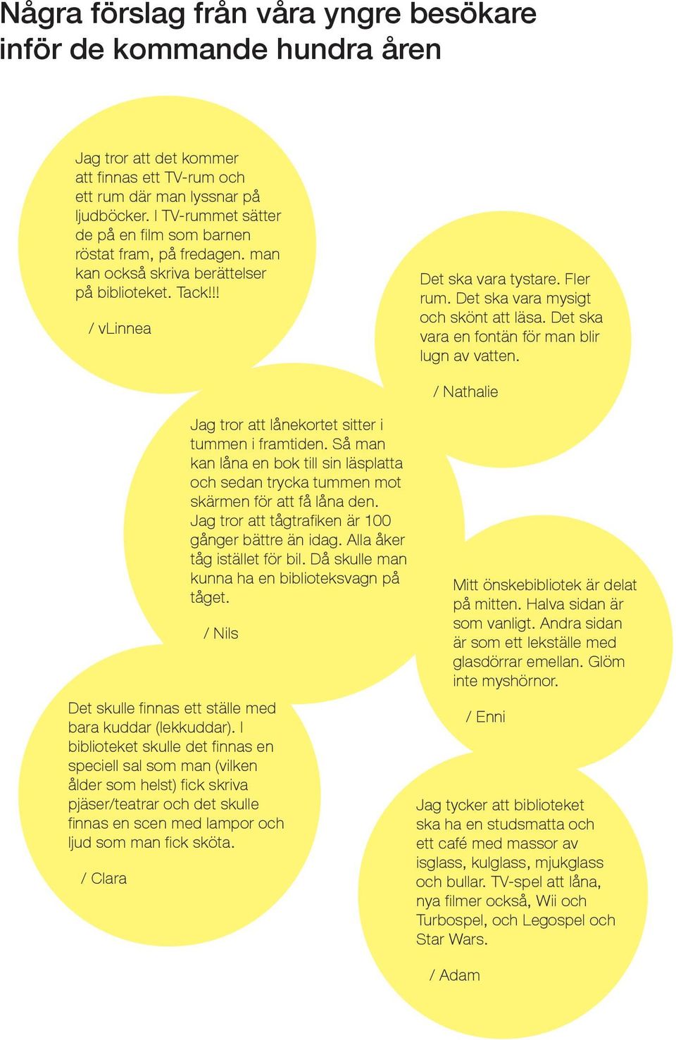 Det ska vara mysigt och skönt att läsa. Det ska vara en fontän för man blir lugn av vatten. Jag tror att lånekortet sitter i tummen i framtiden.