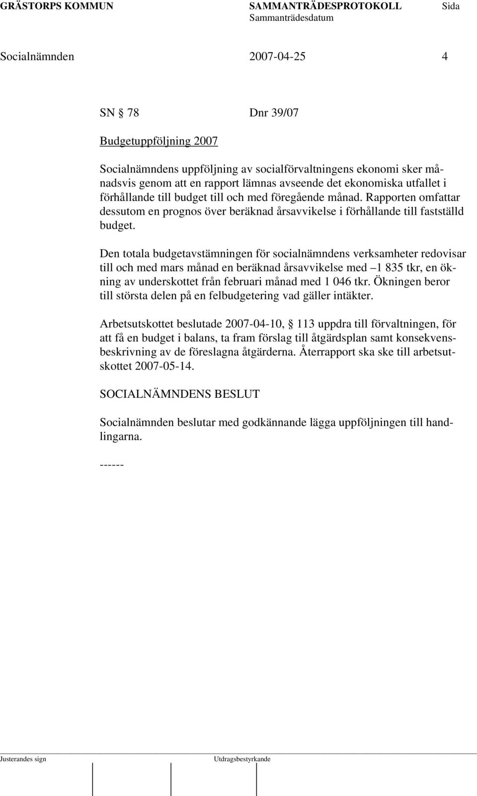 Den totala budgetavstämningen för socialnämndens verksamheter redovisar till och med mars månad en beräknad årsavvikelse med 1 835 tkr, en ökning av underskottet från februari månad med 1 046 tkr.