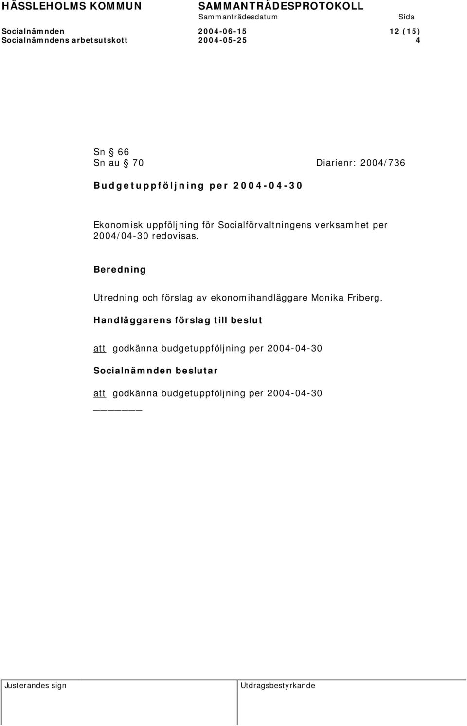 Socialförvaltningens verksamhet per 2004/04-30 redovisas.