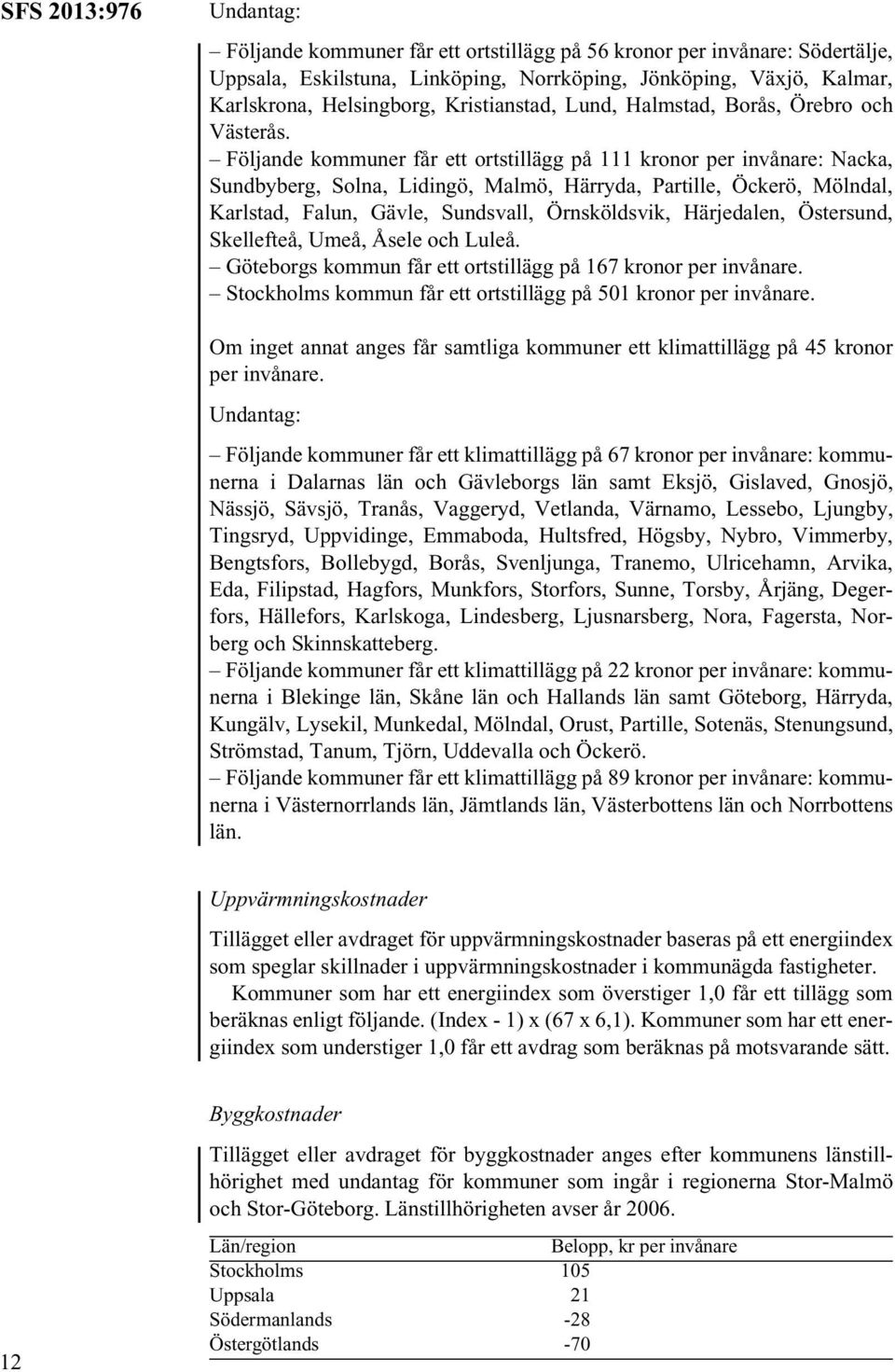 Följande kommuner får ett ortstillägg på 111 kronor per invånare: Nacka, Sundbyberg, Solna, Lidingö, Malmö, Härryda, Partille, Öckerö, Mölndal, Karlstad, Falun, Gävle, Sundsvall, Örnsköldsvik,