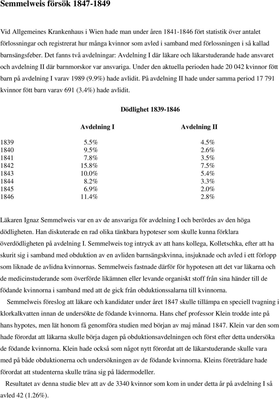 Under den aktuella perioden hade 20 042 kvinnor fött barn på avdelning I varav 1989 (9.9%) hade avlidit. På avdelning II hade under samma period 17 791 kvinnor fött barn varav 691 (3.4%) hade avlidit.