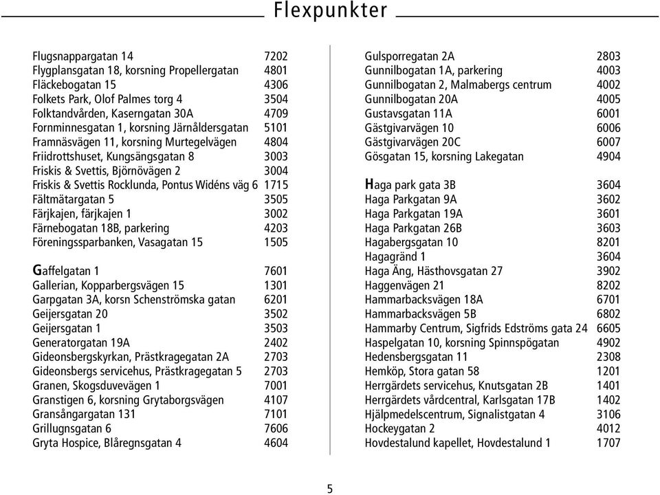 Fältmätargatan 5 3505 Färjkajen, färjkajen 1 3002 Färnebogatan 18B, parkering 4203 Föreningssparbanken, Vasagatan 15 1505 Gaffelgatan 1 7601 Gallerian, Kopparbergsvägen 15 1301 Garpgatan 3A, korsn
