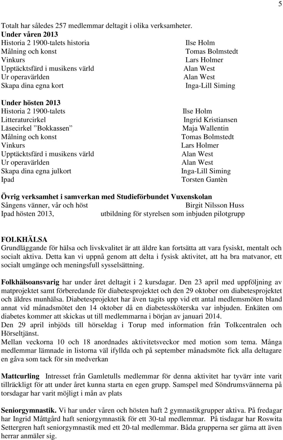 Under hösten 2013 Historia 2 1900-talets Litteraturcirkel Läsecirkel Bokkassen Målning och konst Vinkurs Upptäcktsfärd i musikens värld Ur operavärlden Skapa dina egna julkort Ipad Ilse Holm Ingrid