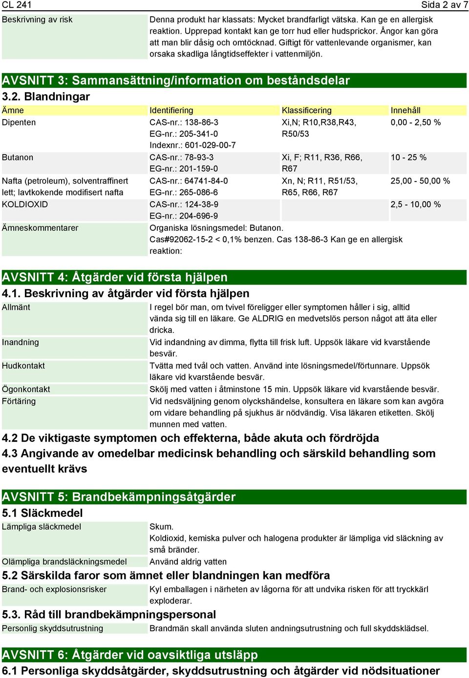 Blandningar Identifiering Klassificering Innehåll Dipenten CAS-nr.: 138-86-3 EG-nr.: 205-341-0 Indexnr.: 601-029-00-7 Butanon CAS-nr.: 78-93-3 EG-nr.