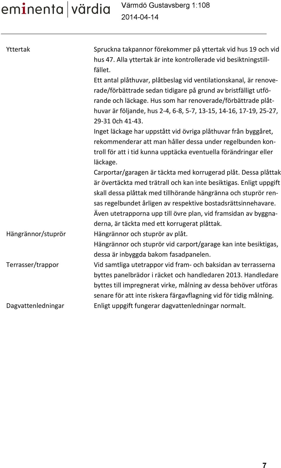 Hus som har renoverade/förbättrade plåthuvar är följande, hus 2-4, 6-8, 5-7, 13-15, 14-16, 17-19, 25-27, 29-31 0ch 41-43.