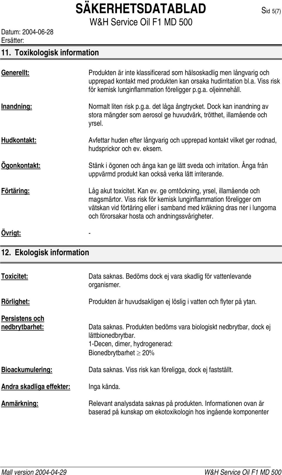 Dock kan inandning av stora mängder som aerosol ge huvudvärk, trötthet, illamående och yrsel. Avfettar huden efter långvarig och upprepad kontakt vilket ger rodnad, hudsprickor och ev. eksem.