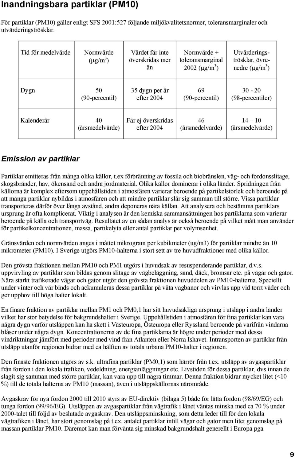 efter 2004 69 (90-percentil) 30-20 (98-percentiler) Kalenderår 40 (årsmedelvärde) Får ej överskridas efter 2004 46 (årsmedelvärde) 14 10 (årsmedelvärde) Emission av partiklar Partiklar emitteras från
