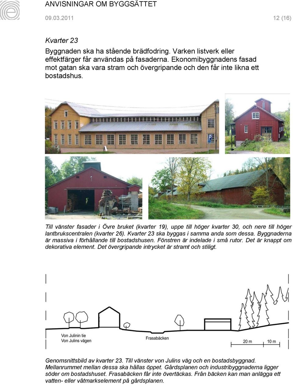 Till vänster fasader i Övre bruket (kvarter 19), uppe till höger kvarter 30, och nere till höger lantbrukscentralen (kvarter 26). Kvarter 23 ska byggas i samma anda som dessa.