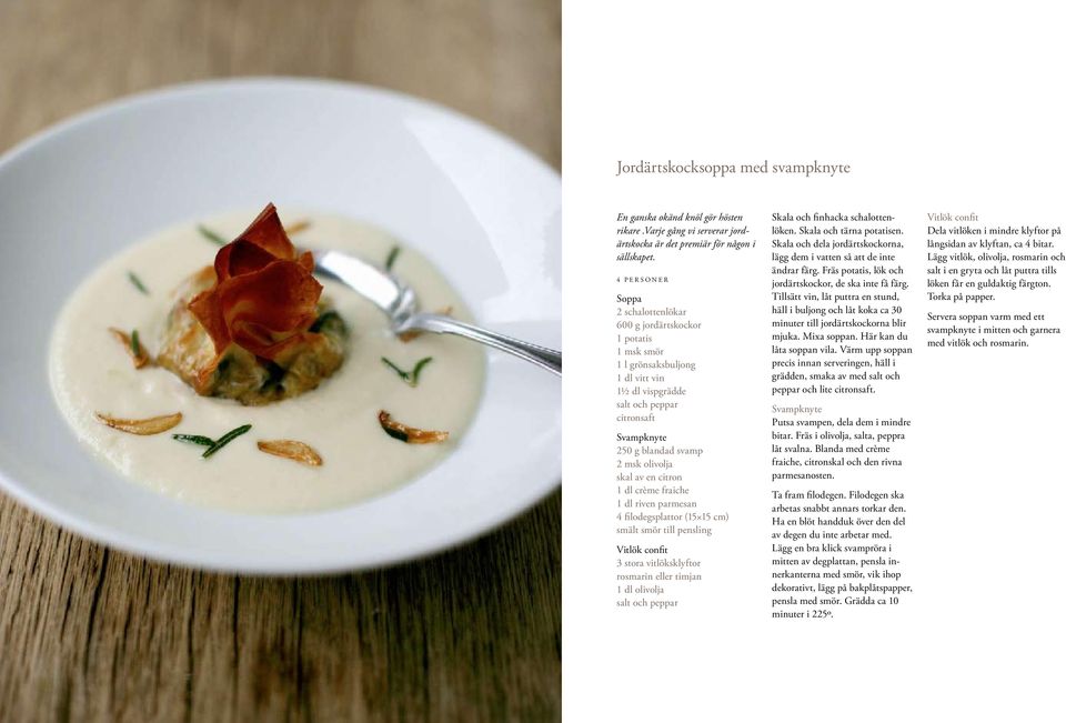 olivolja skal av en citron 1 dl crème fraiche 1 dl riven parmesan 4 filodegsplattor (15 15 cm) smält smör till pensling Vitlök confit 3 stora vitlöksklyftor rosmarin eller timjan 1 dl olivolja salt