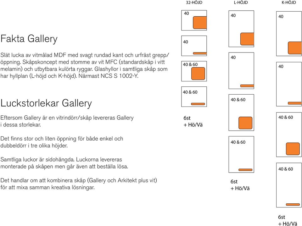 40 & 60 40 40 Luckstorlekar Gallery 40 & 60 40 & 60 Eftersom Gallery är en vitrindörr/skåp levereras Gallery i dessa storlekar.