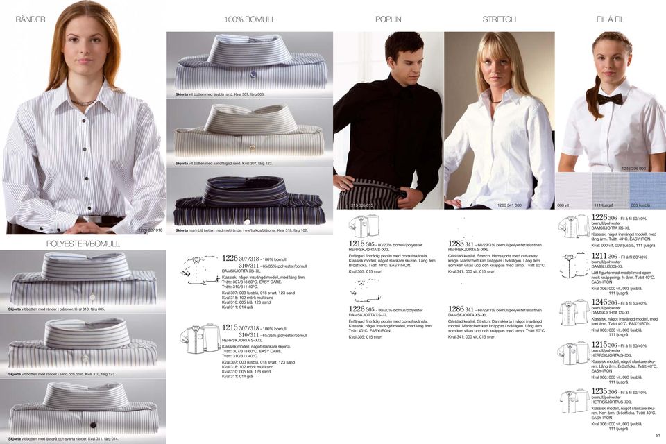 1215 305-80/20% bomull/polyester HERRSKJORTA S XXL 1285 341-68/29/3% bomull/polyester/elasthan HERRSKJORTA S XXL 1226 306 - Fil á fil 60/40% bomull/polyester DAMSKJORTA XS XL Klassisk, något insvängd
