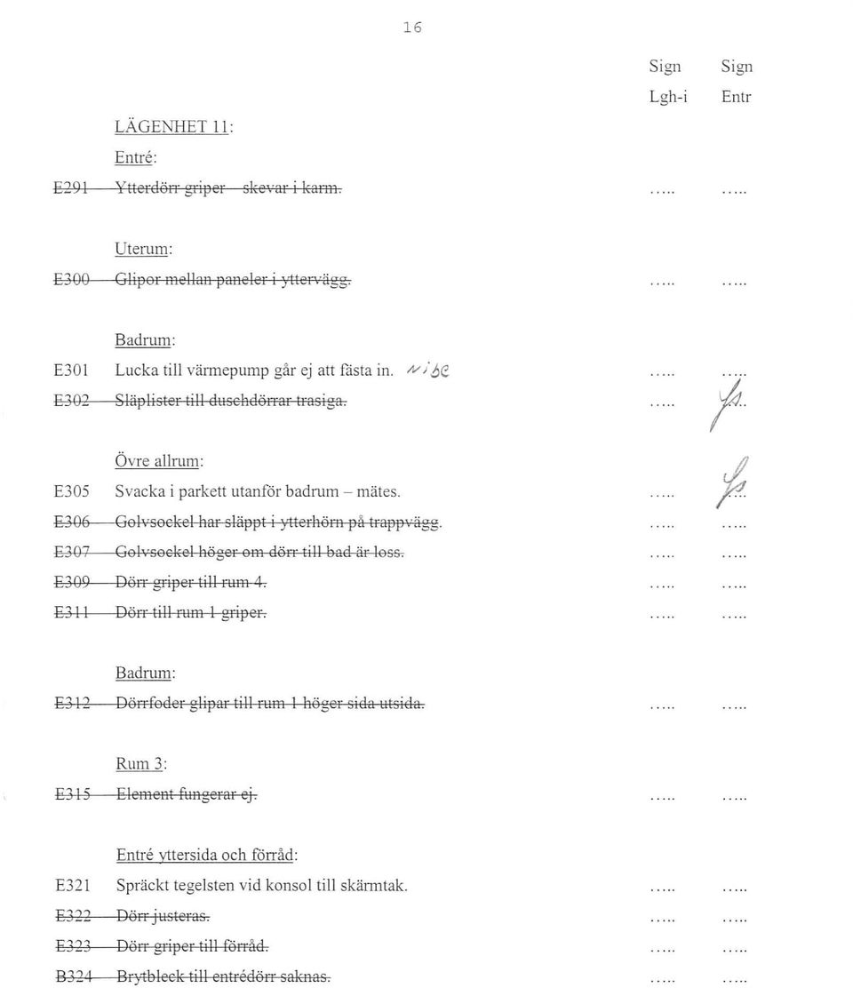 e307 Goh soekel Höger om dön- till sad är 1055. e309 Dörr griper till rum 4. e311 Dörr till rum 1 griper. Badrum: e312 Dörrfoder glipar till rum 1 Höger sida utsida.