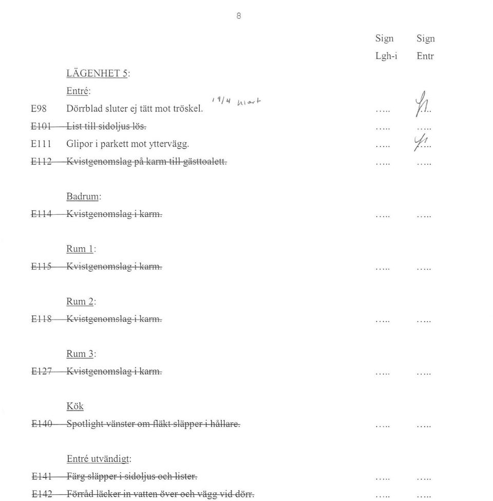E 115 Rum l : KvistgeBsHlslag i kann. E 11 g Rum 2: KyistgeBsHlslag i kann. E 1?7 Rum 3: KvistgeBeHlslag i kafhl. El40 Kök S!