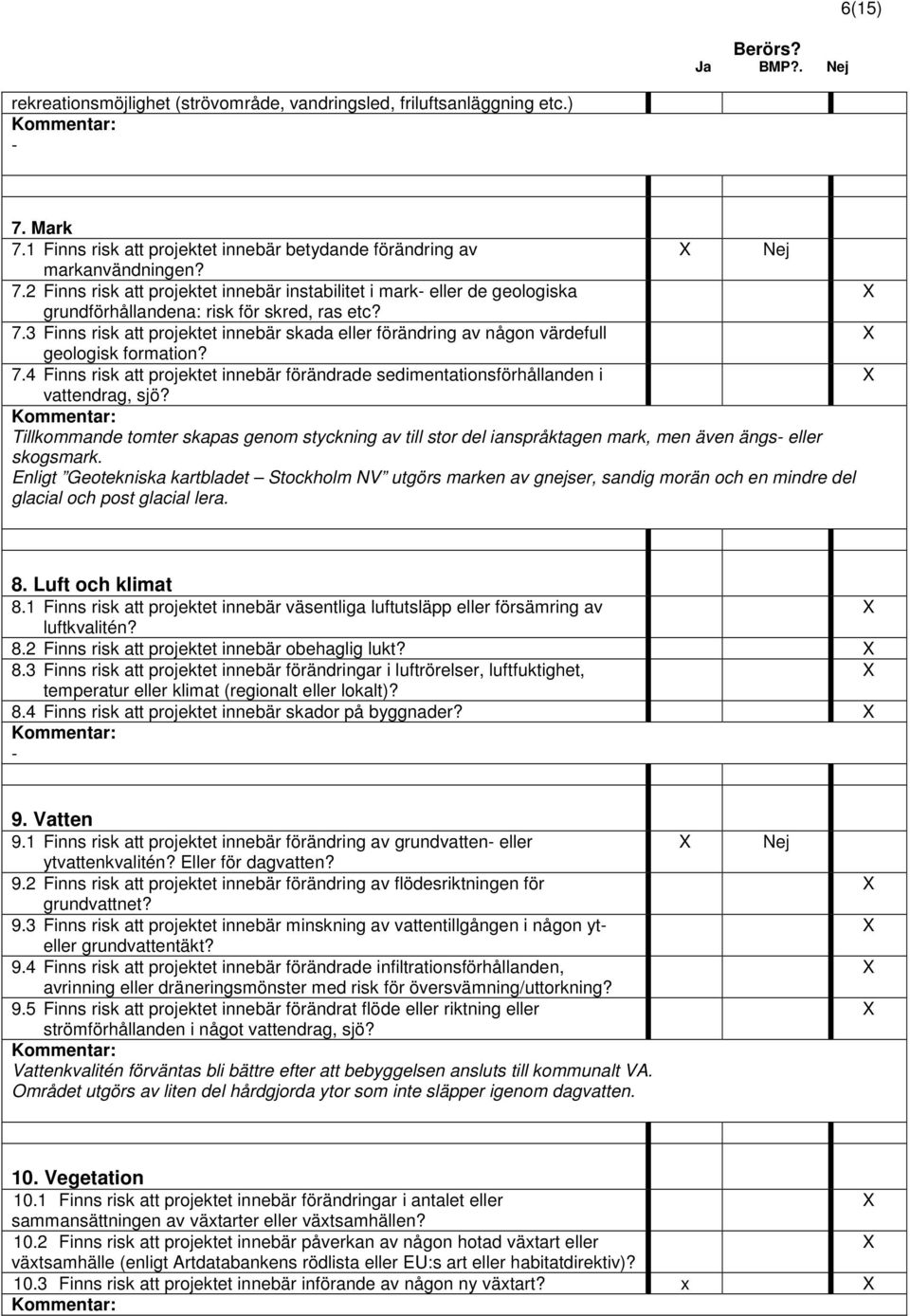 7.3 Finns risk att projektet innebär skada eller förändring av någon värdefull geologisk formation? 7.4 Finns risk att projektet innebär förändrade sedimentationsförhållanden i vattendrag, sjö?