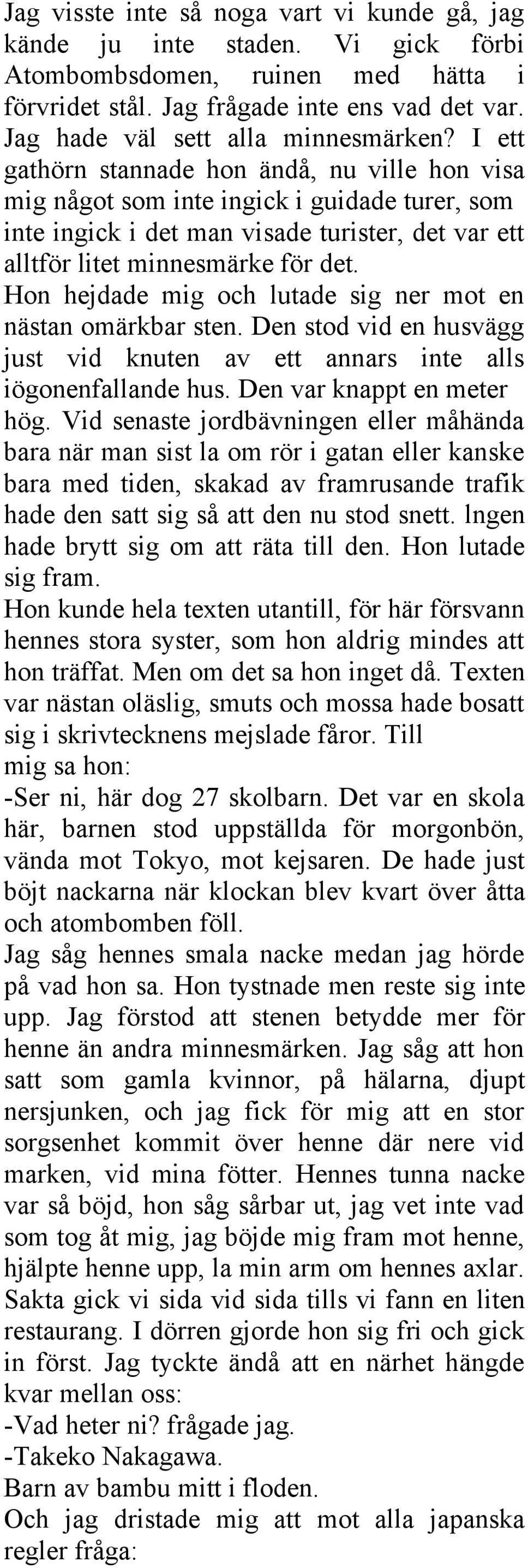 I ett gathörn stannade hon ändå, nu ville hon visa mig något som inte ingick i guidade turer, som inte ingick i det man visade turister, det var ett alltför litet minnesmärke för det.