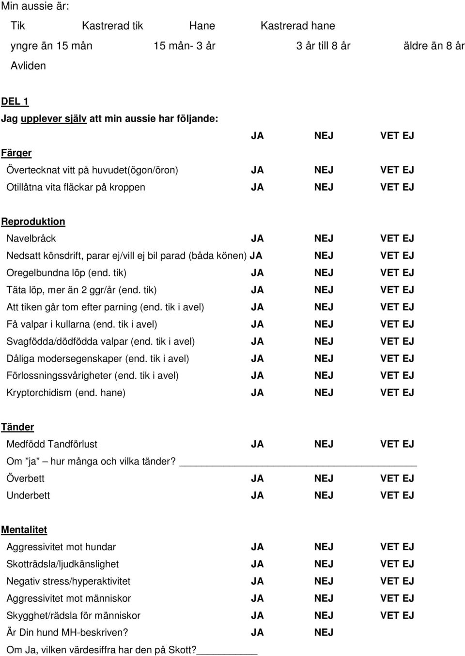 JA NEJ VET EJ Oregelbundna löp (end. tik) JA NEJ VET EJ Täta löp, mer än 2 ggr/år (end. tik) JA NEJ VET EJ Att tiken går tom efter parning (end. tik i avel) JA NEJ VET EJ Få valpar i kullarna (end.