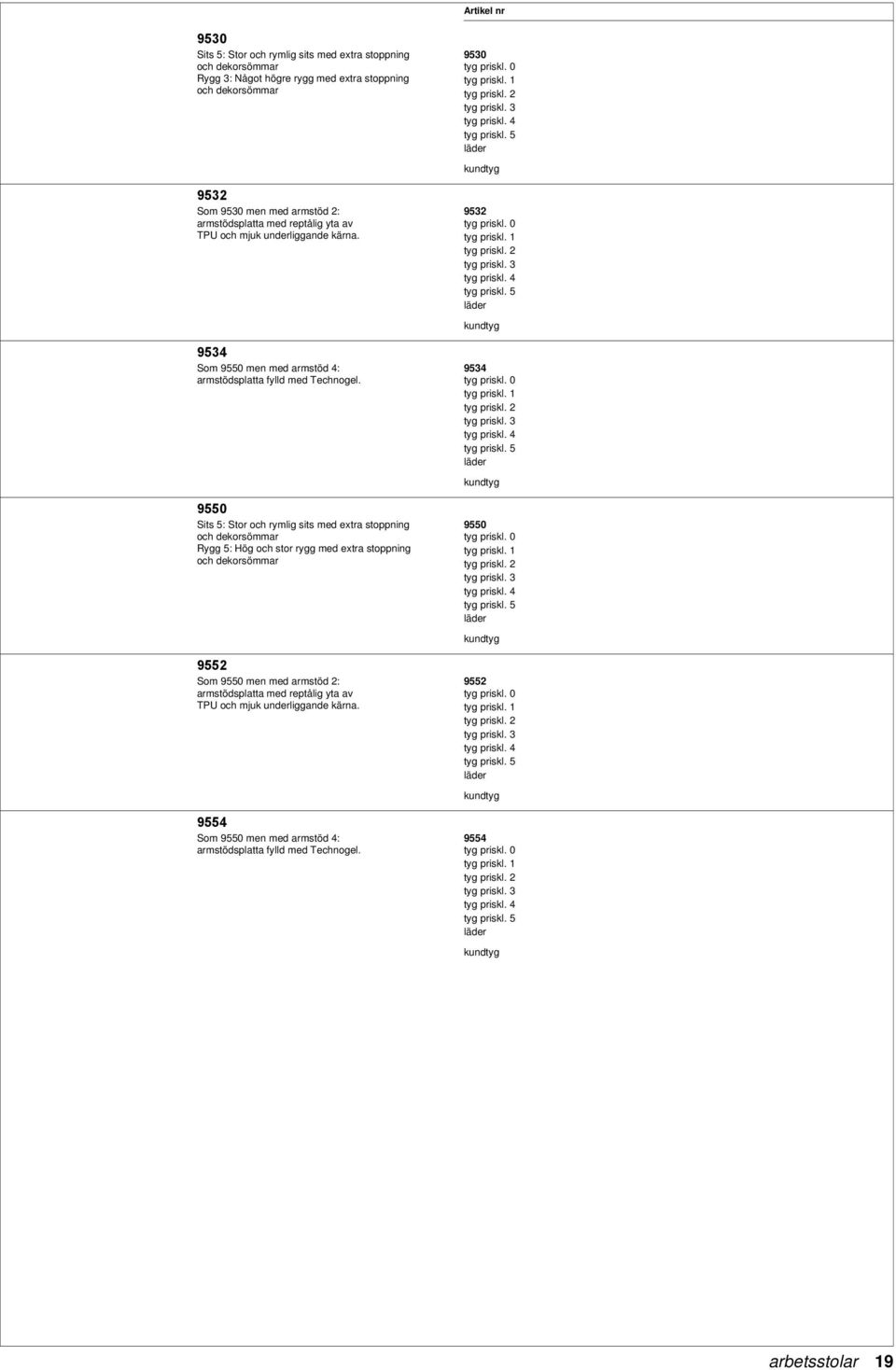 9550 Sits 5: Stor och rymlig sits med extra stoppning och dekorsömmar Rygg 5: Hög och stor rygg med extra stoppning och dekorsömmar 9552 Som 9550 men med armstöd 2: