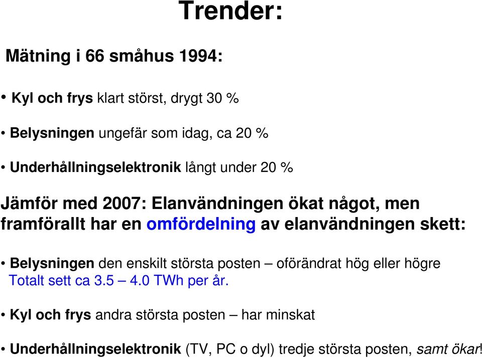 omfördelning av elanvändningen skett: Belysningen den enskilt största posten oförändrat hög eller högre Totalt sett ca