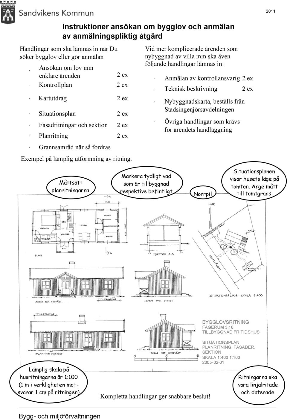 Vid mer komplicerade ärenden som nybyggnad av villa mm ska även följande handlingar lämnas in: Anmälan av kontrollansvarig 2 ex Teknisk beskrivning 2 ex Nybyggnadskarta, beställs från