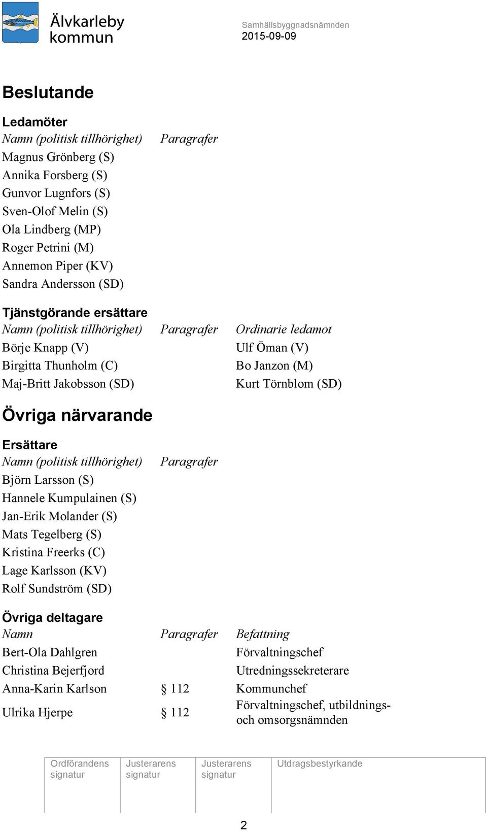 Törnblom (SD) Övriga närvarande Ersättare Namn (politisk tillhörighet) Björn Larsson (S) Hannele Kumpulainen (S) Jan-Erik Molander (S) Mats Tegelberg (S) Kristina Freerks (C) Lage Karlsson (KV) Rolf