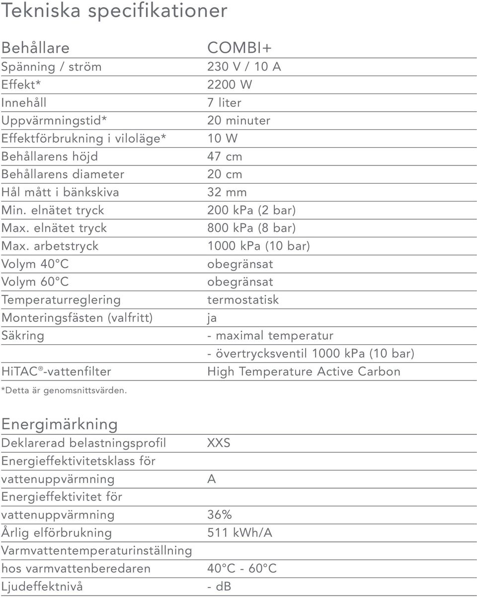 COMBI+ 230 V / 10 A 2200 W 7 liter 20 minuter 10 W 47 cm 20 cm 32 mm 200 kpa (2 bar) 800 kpa (8 bar) 1000 kpa (10 bar) obegränsat obegränsat termostatisk ja - maximal temperatur - övertrycksventil