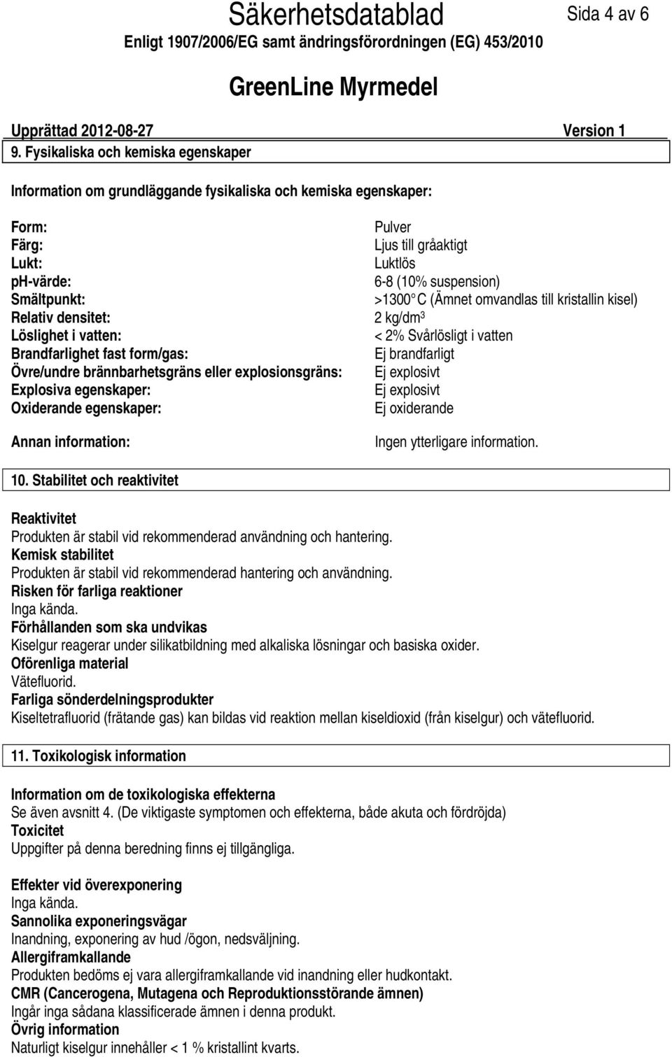 C (Ämnet omvandlas till kristallin kisel) Relativ densitet: 2 kg/dm 3 Löslighet i vatten: < 2% Svårlösligt i vatten Brandfarlighet fast form/gas: Ej brandfarligt Övre/undre brännbarhetsgräns eller