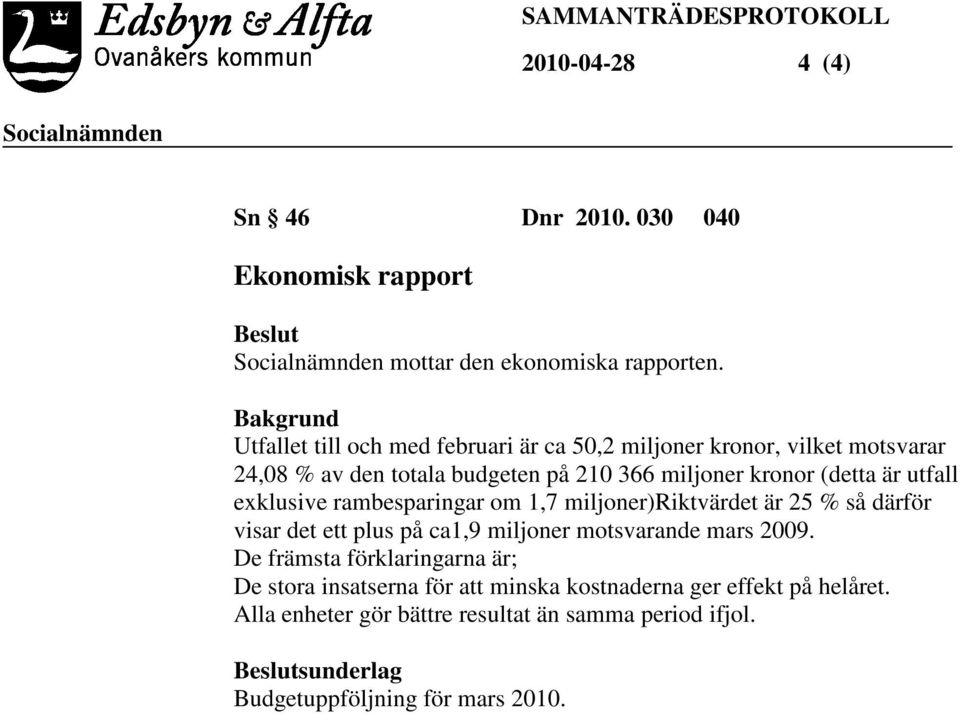 (detta är utfall exklusive rambesparingar om 1,7 miljoner)riktvärdet är 25 % så därför visar det ett plus på ca1,9 miljoner motsvarande mars 2009.