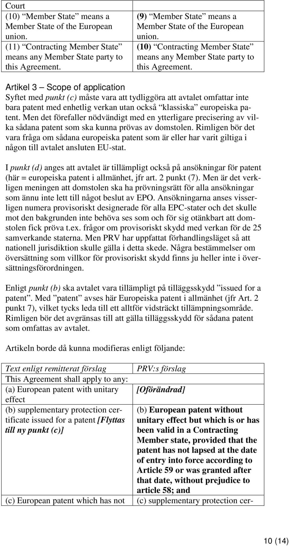 Artikel 3 Scope of application Syftet med punkt (c) måste vara att tydliggöra att avtalet omfattar inte bara patent med enhetlig verkan utan också klassiska europeiska patent.