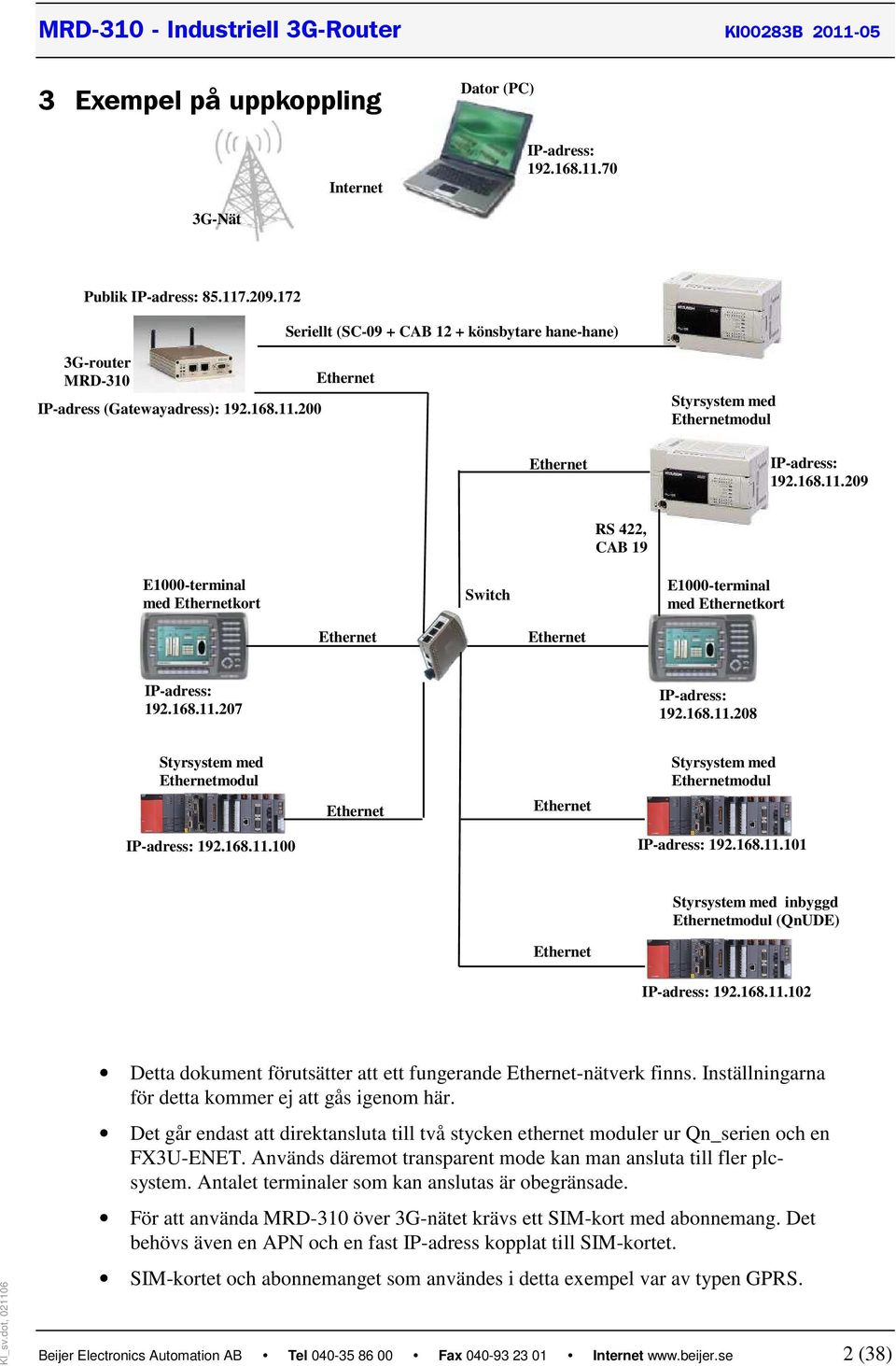 200 Ethernet Styrsystem med Ethernetmodul Ethernet IP-adress: 192.168.11.209 RS 422, CAB 19 E1000-terminal med Ethernetkort Switch E1000-terminal med Ethernetkort Ethernet Ethernet IP-adress: 192.168.11.207 IP-adress: 192.