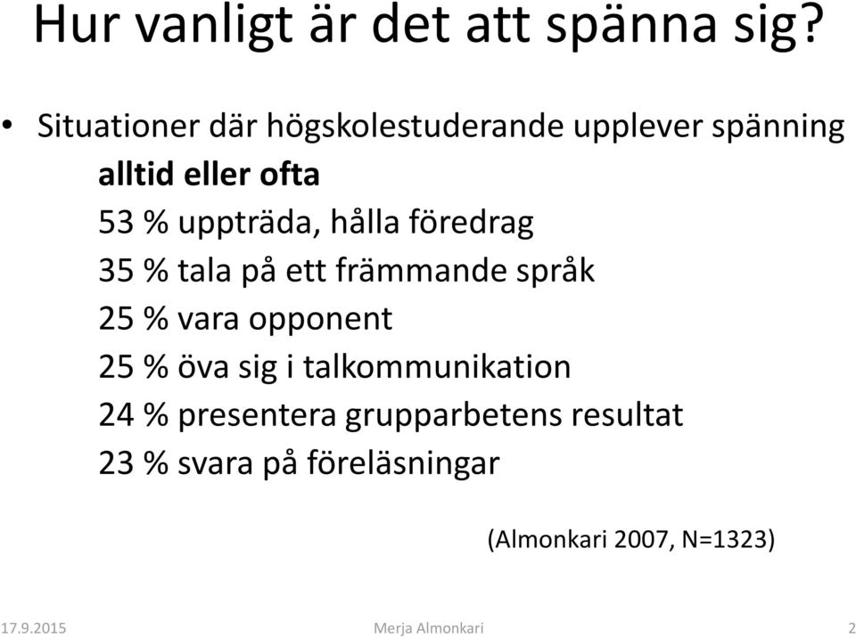 uppträda, hålla föredrag 35 % talapåett främmandespråk 25 % vara opponent 25 % öva