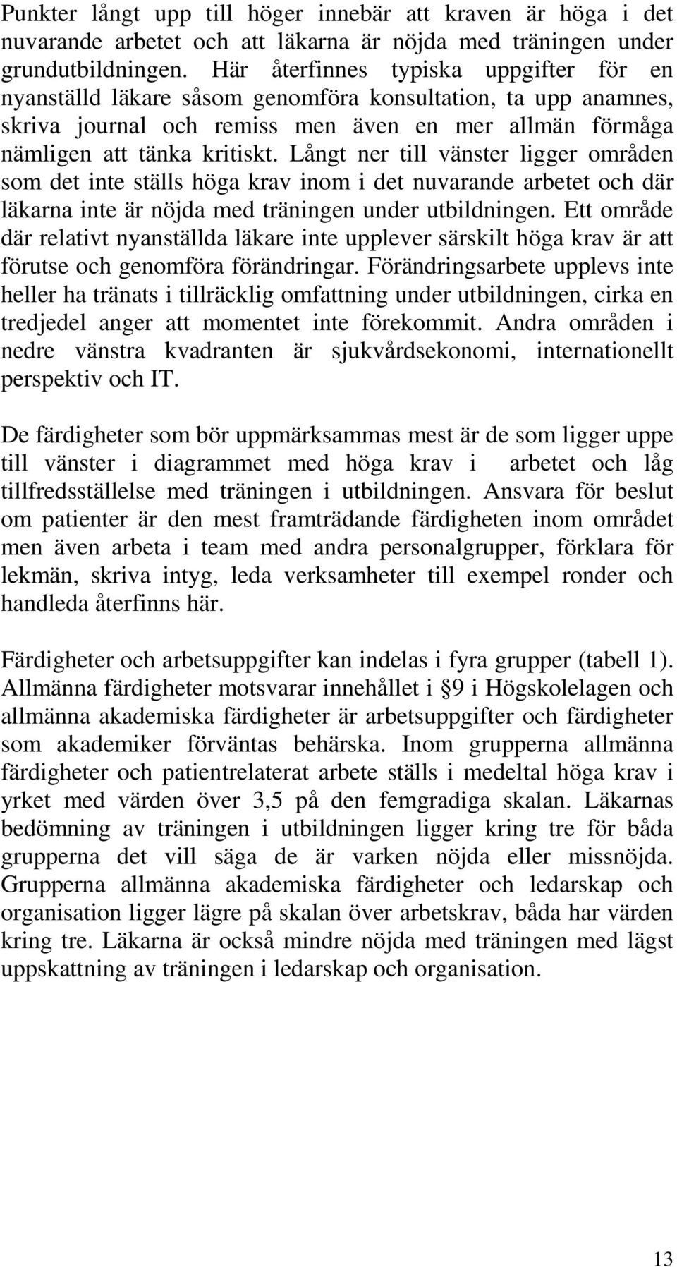 Långt ner till vänster ligger områden som det inte ställs höga krav inom i det nuvarande arbetet och där läkarna inte är nöjda med träningen under utbildningen.