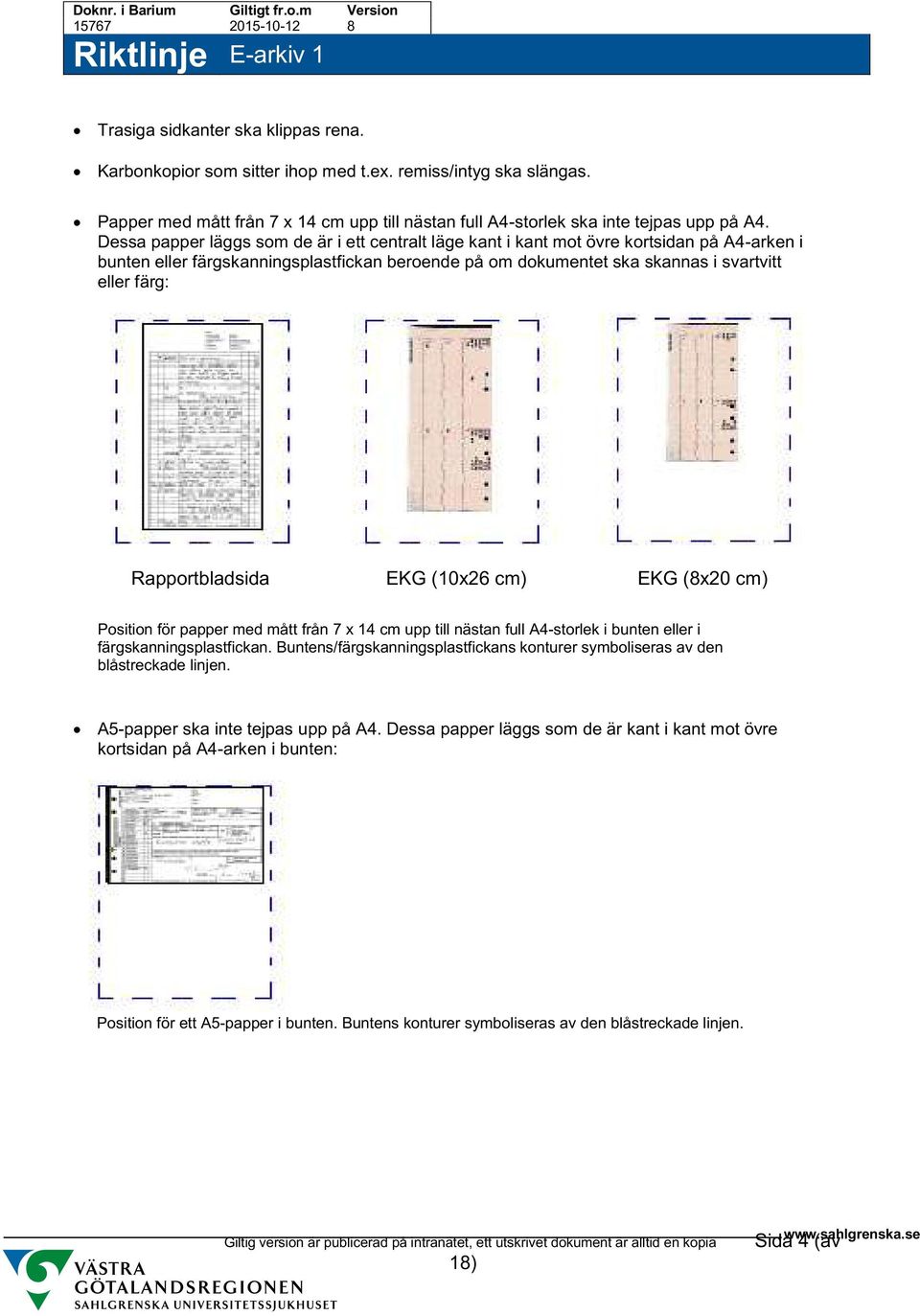 Rapportbladsida EKG (10x26 cm) EKG (8x20 cm) Position för papper med mått från 7 x 14 cm upp till nästan full A4-storlek i bunten eller i färgskanningsplastfickan.
