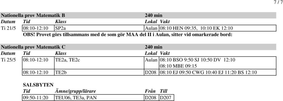 prov Matematik C 240 min Ti 25/5 08:10-12:10 TE2a, TE2c Aulan 08:10 BSO 9:50 SJ 10:50 DV 12:10 08:10 MBE