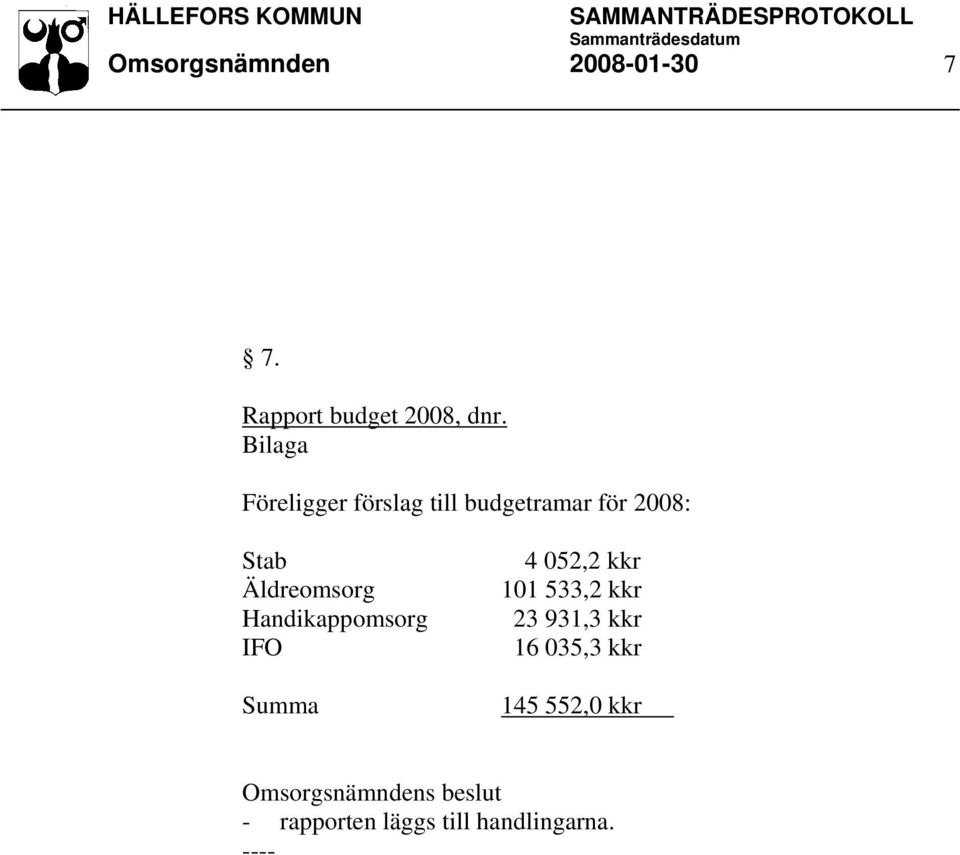 Föreligger förslag till budgetramar för 2008: Stab