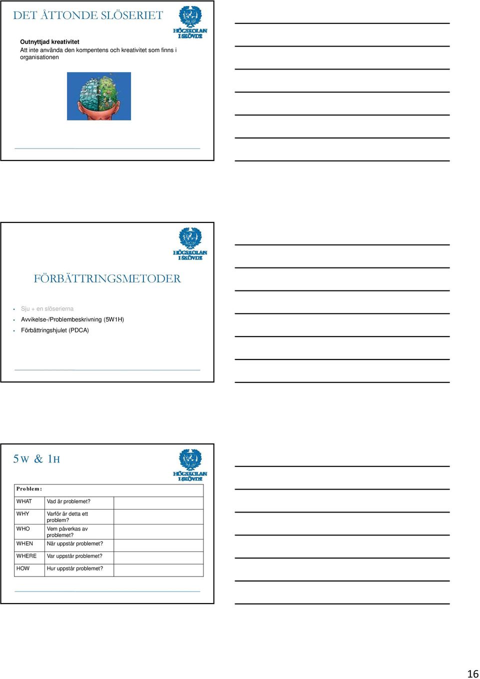 Förbättringshjulet (PDCA) 5W & 1H Problem: WHAT WHY WHO WHEN WHERE HOW Vad är problemet?