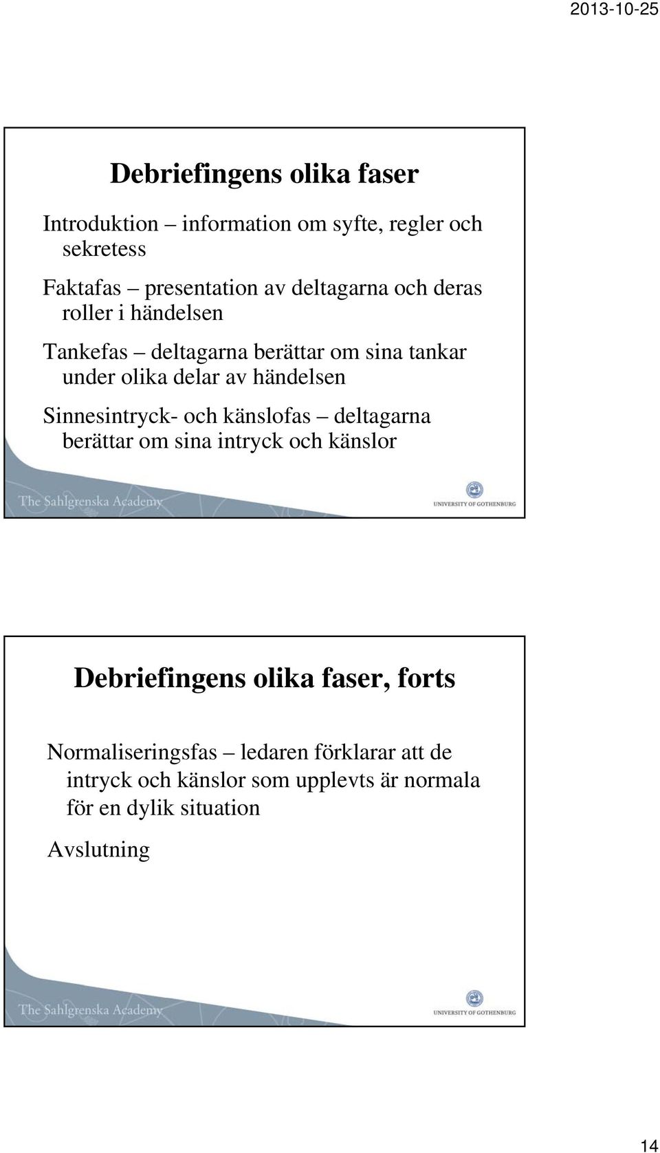 händelsen Sinnesintryck- och känslofas deltagarna berättar om sina intryck och känslor Debriefingens olika faser,