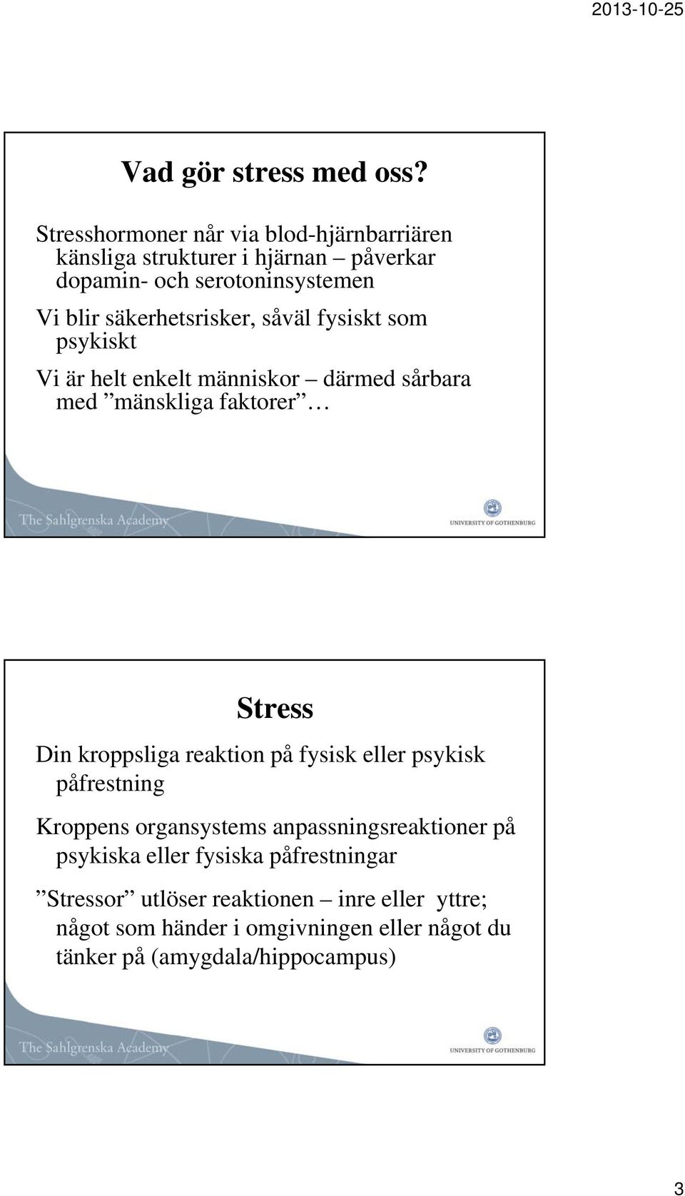 säkerhetsrisker, såväl fysiskt som psykiskt Vi är helt enkelt människor därmed sårbara med mänskliga faktorer Stress Din kroppsliga