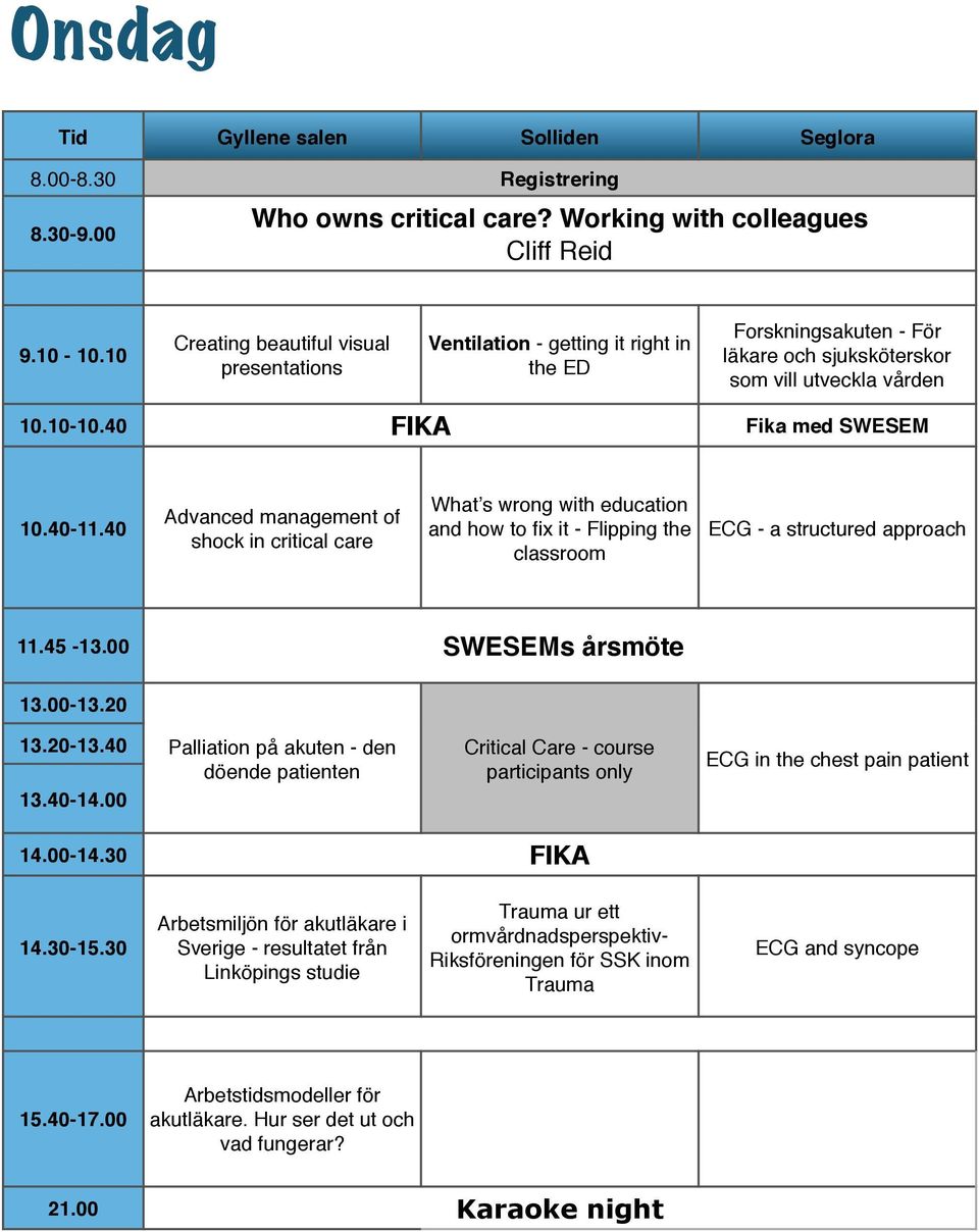 4 Advanced management of shock in critical care What s wrong with education and how to fix it - Flipping the classroom ECG - a structured approach 11.45-13. SWESEMs årsmöte 13.-13.2 13.2-13.4 13.4-14.