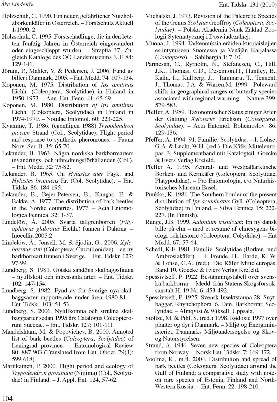 & Pedersen, J. 2006. Fund av biller i Danmark, 2005. Ent. Medd. 74: 107-134. Koponen, M. 1975. Distribution of Ips amitinus Eichh. (Coleoptera, Scolytidae) in Finland in 1950-1973. Ann. Ent. Fenn.