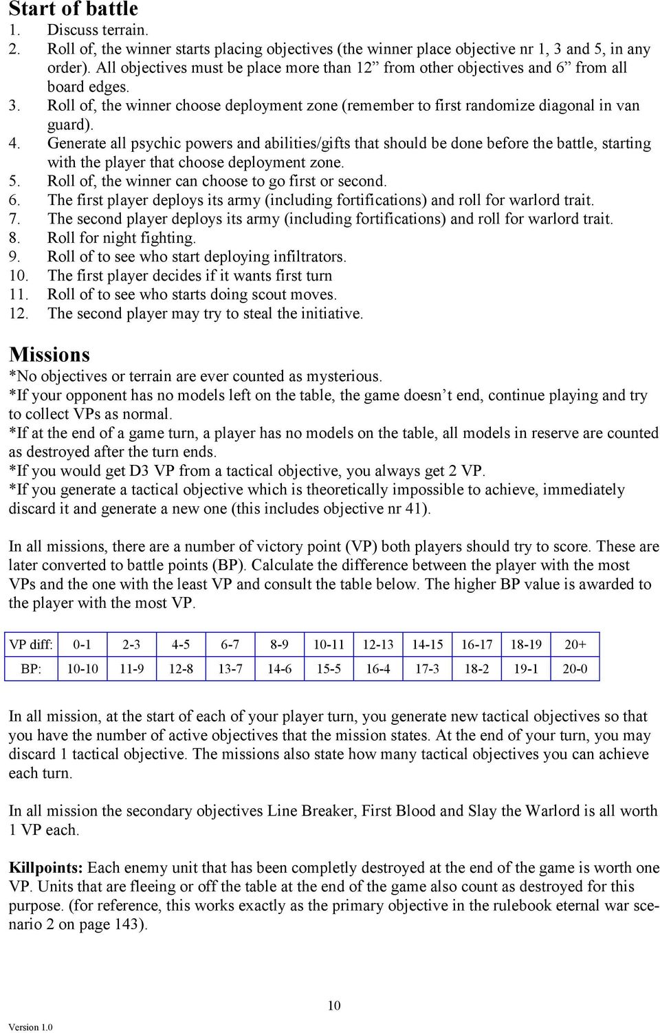 Generate all psychic powers and abilities/gifts that should be done before the battle, starting with the player that choose deployment zone. 5. Roll of, the winner can choose to go first or second. 6.